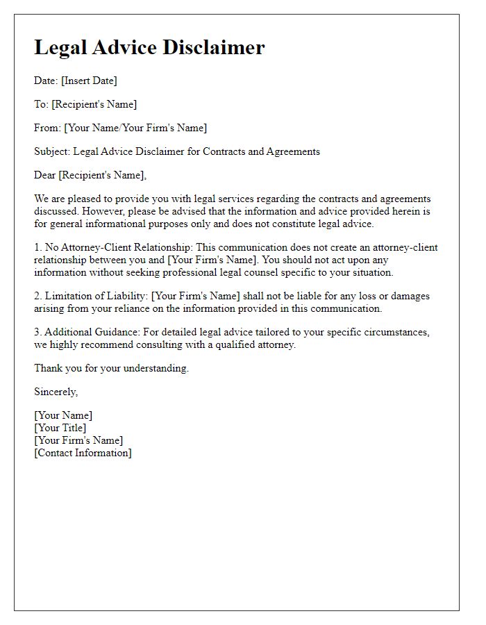 Letter template of legal advice disclaimer for contracts and agreements.