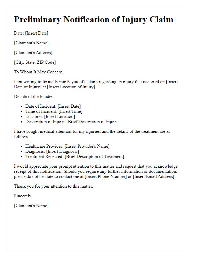 Letter template of preliminary notification for injury claim.