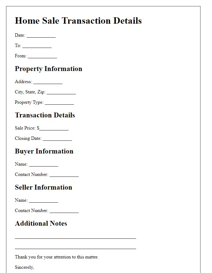 Letter template of home sale transaction details