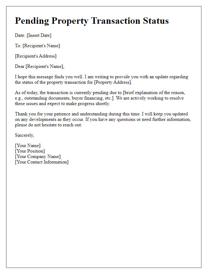 Letter template of pending property transaction status