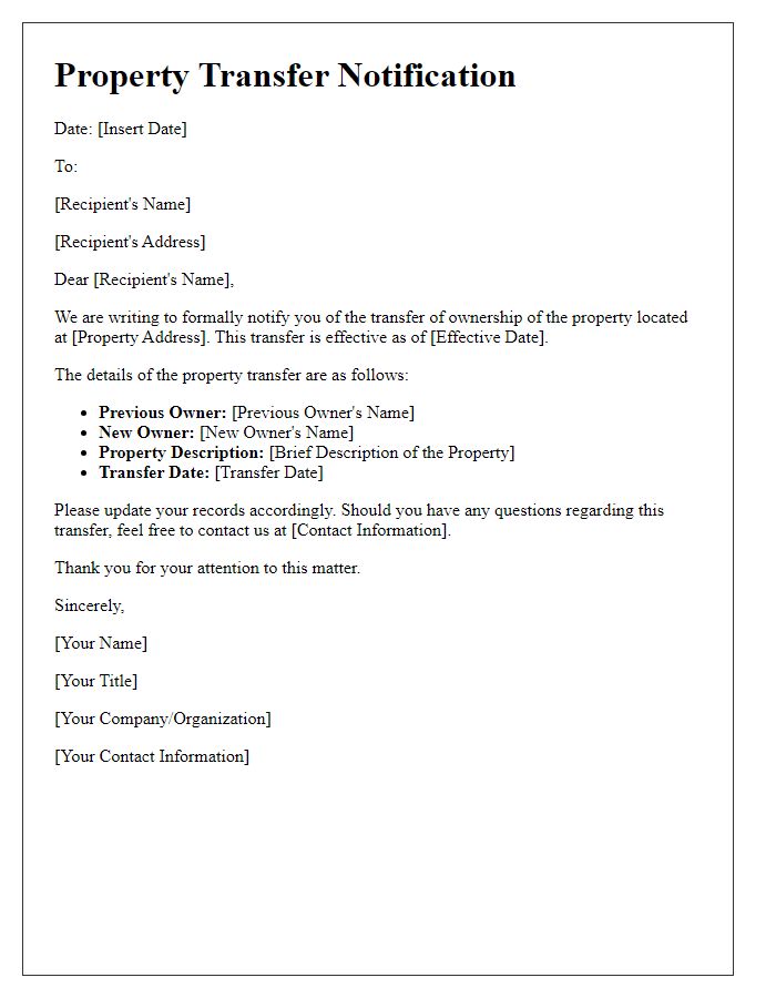 Letter template of property transfer notification