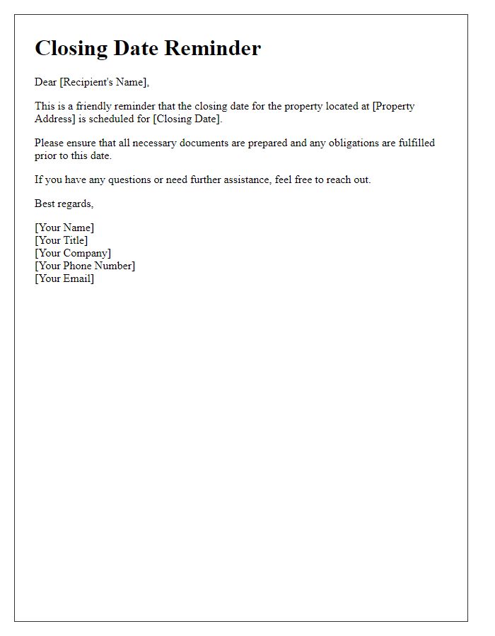 Letter template of real estate closing date reminder