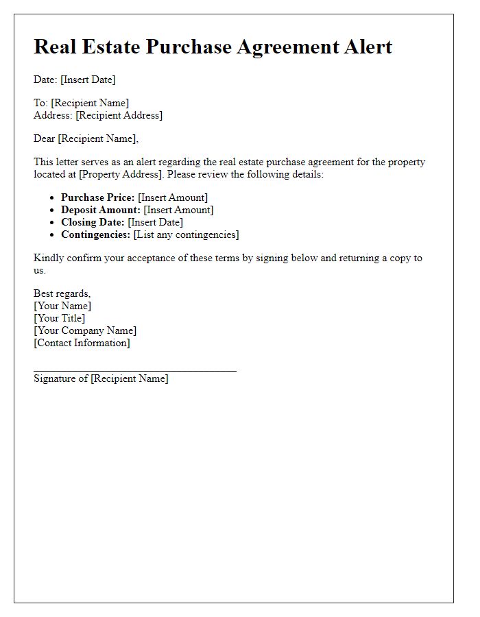 Letter template of real estate purchase agreement alert