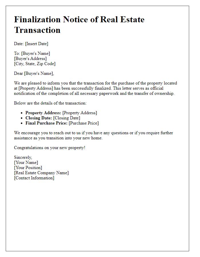 Letter template of real estate transaction finalization notice