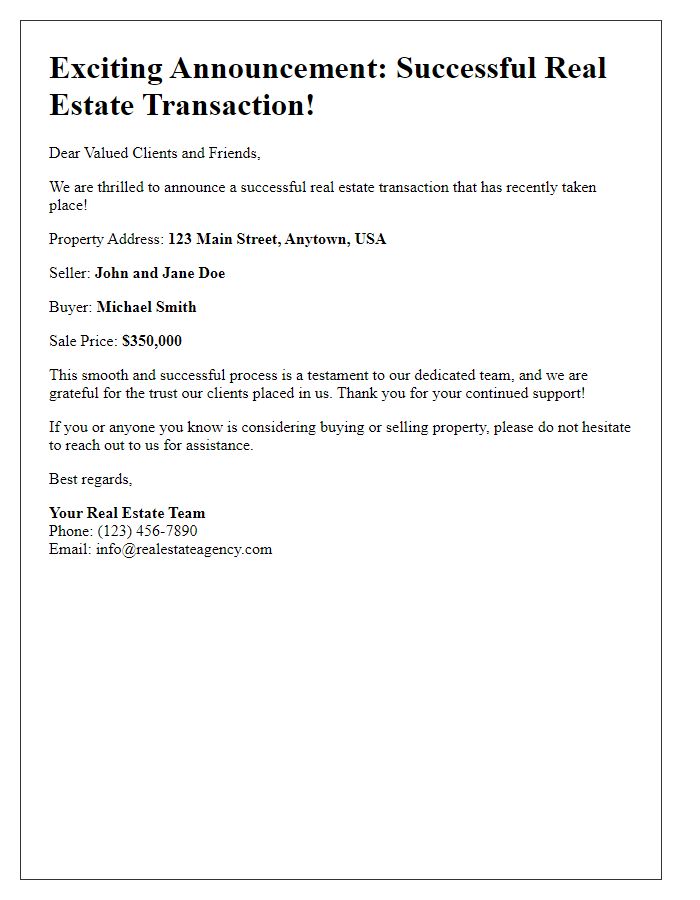 Letter template of successful real estate transaction announcement