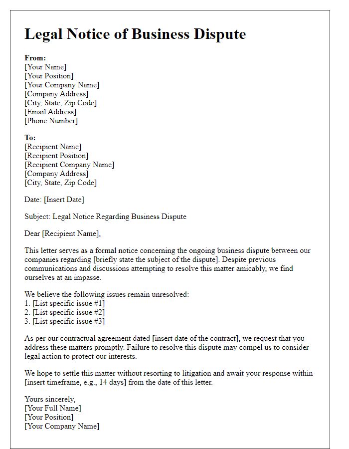 Letter template of business dispute legal notice