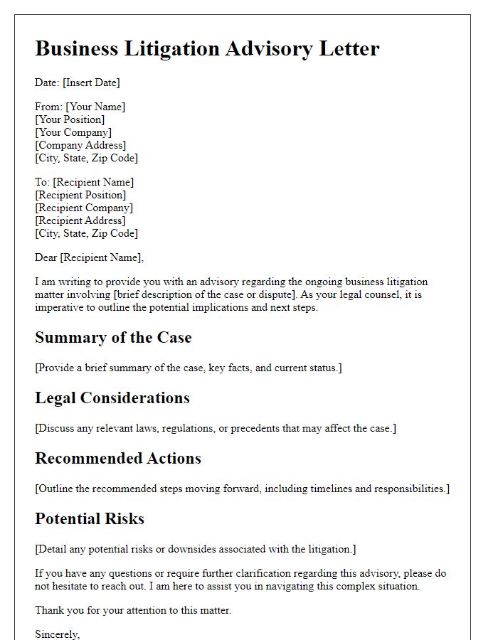 Letter template of business litigation advisory letter