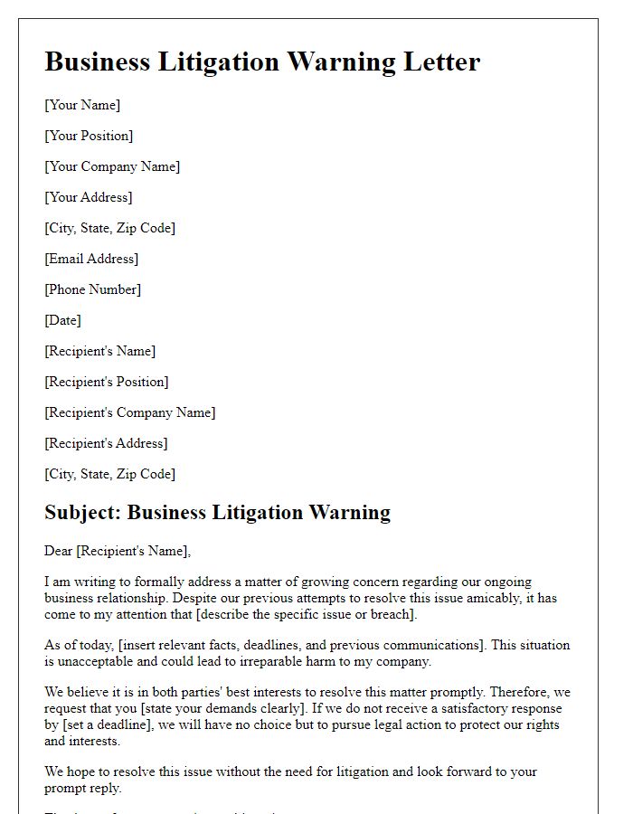 Letter template of business litigation warning letter