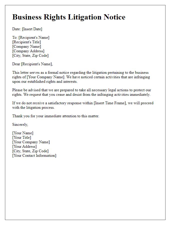 Letter template of business rights litigation notice