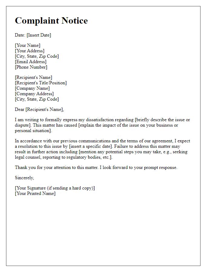 Letter template of complaint notice for business disputes