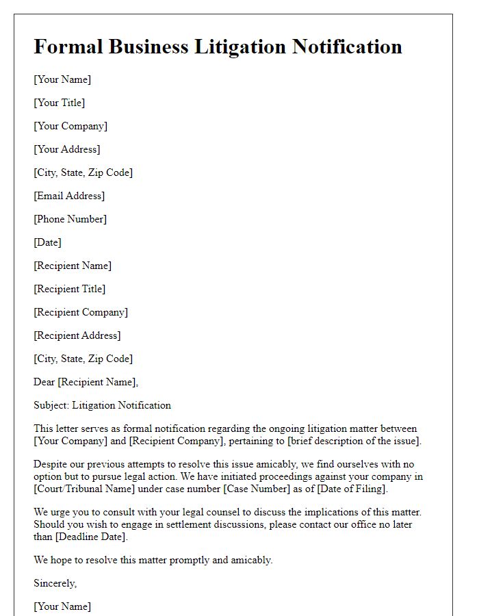 Letter template of formal business litigation notification