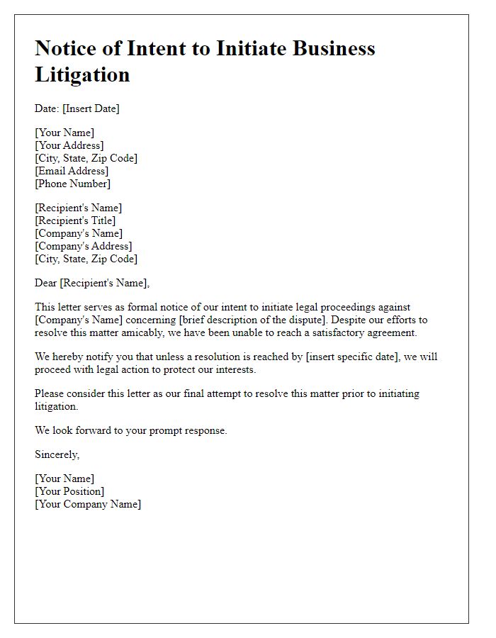 Letter template of notice of intent for business litigation