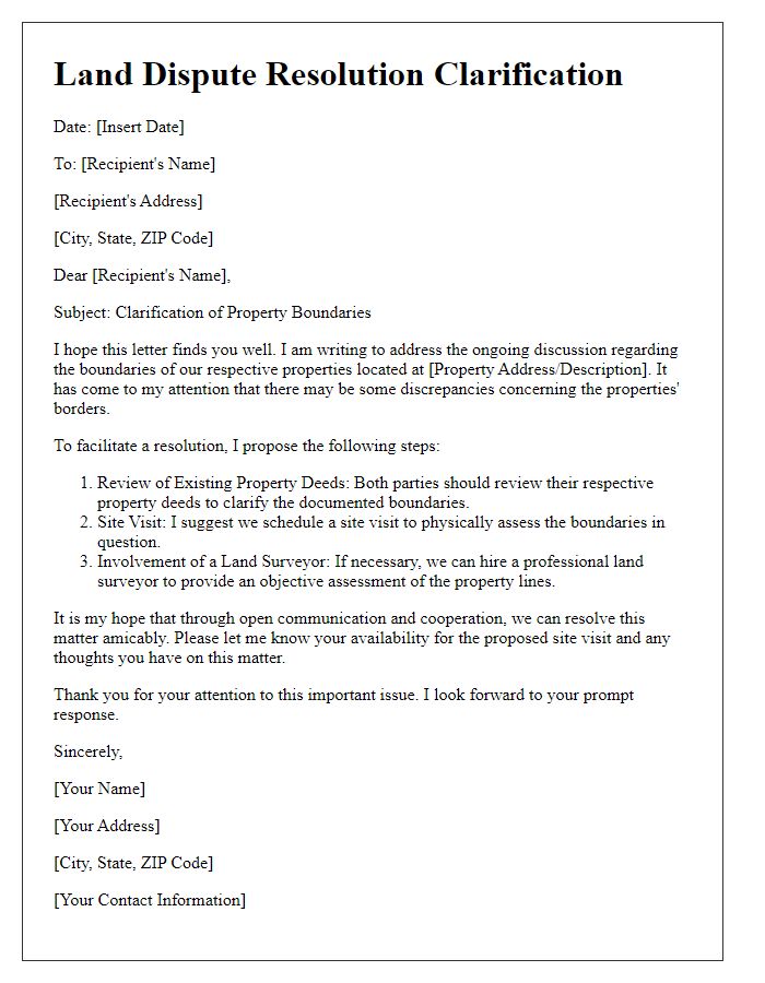 Letter template of land dispute resolution clarification of property boundaries