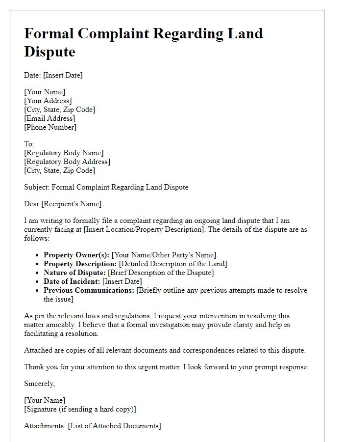 Letter template of land dispute resolution formal complaint to regulatory body