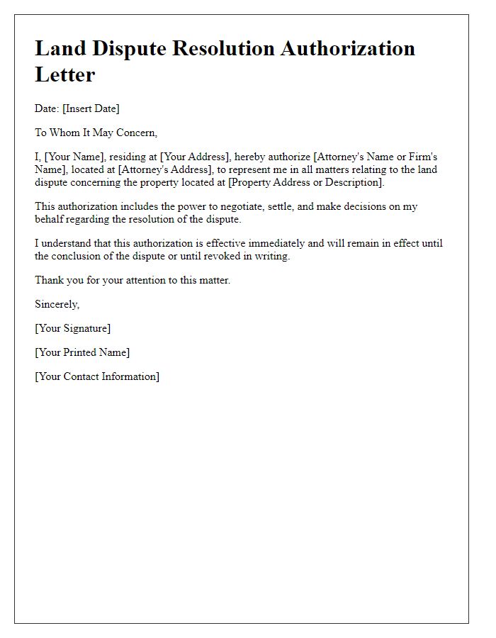 Letter template of land dispute resolution legal representation authorization