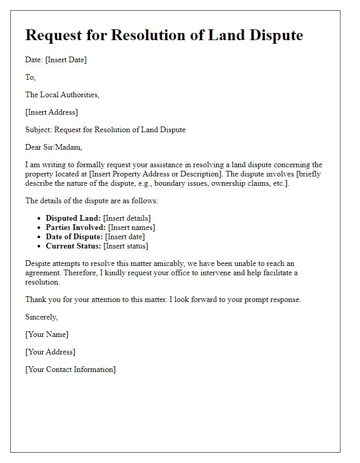 Letter template of land dispute resolution request to local authorities