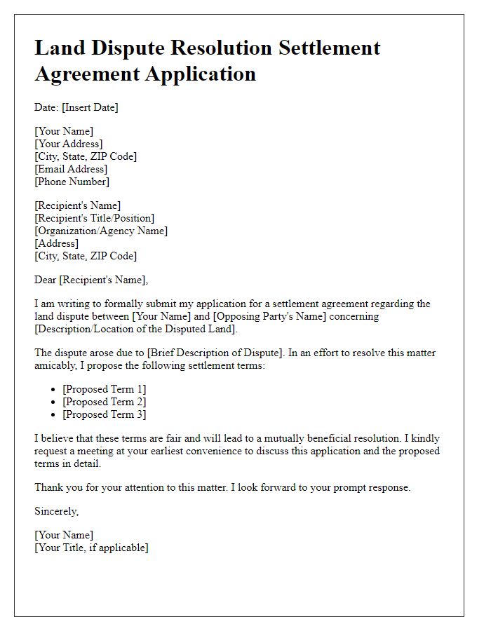 Letter template of land dispute resolution settlement agreement application