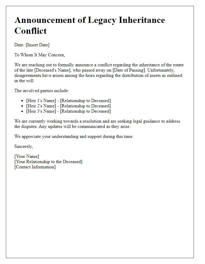 Letter template of legacy inheritance conflict announcement