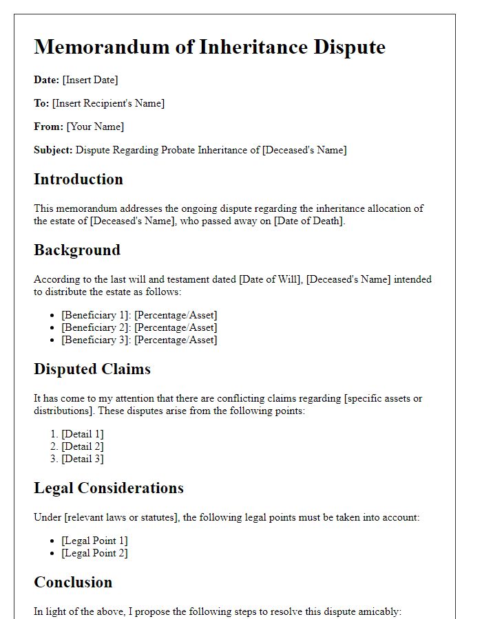 Letter template of probate inheritance dispute memorandum