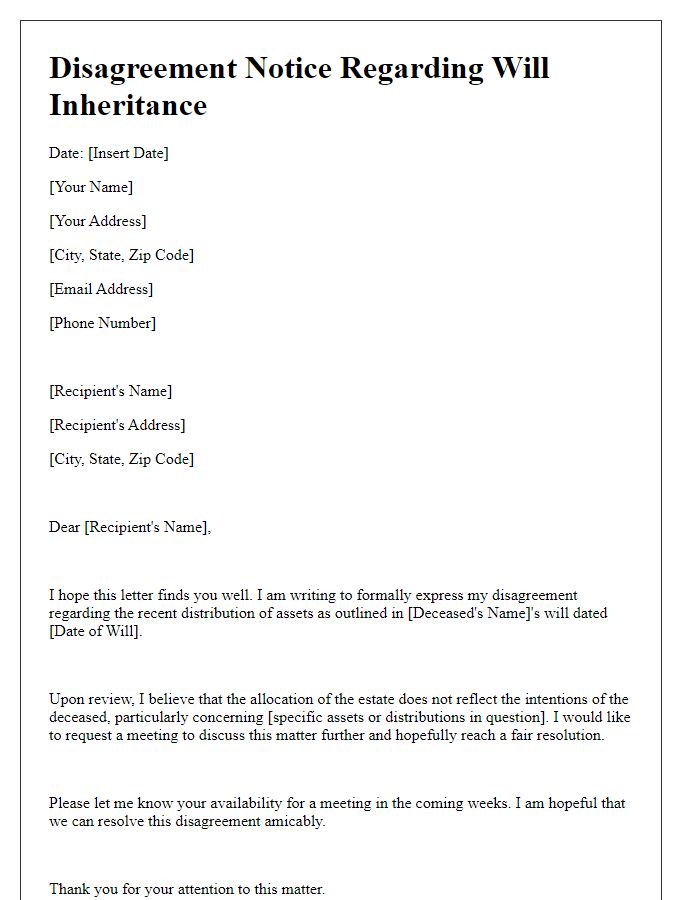 Letter template of will inheritance disagreement notice