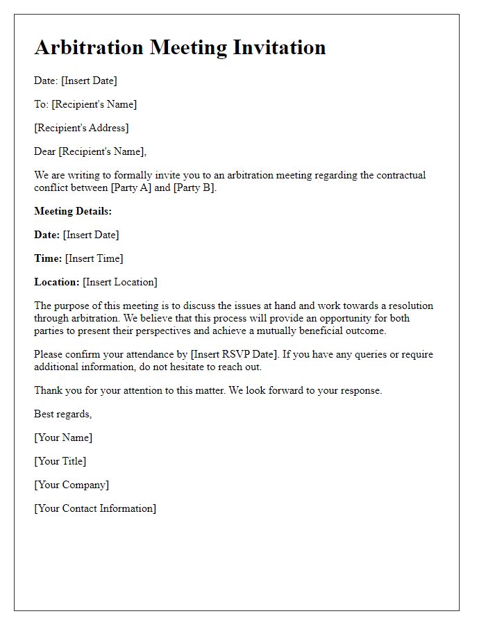 Letter template of arbitration meeting invitation for contractual conflict.