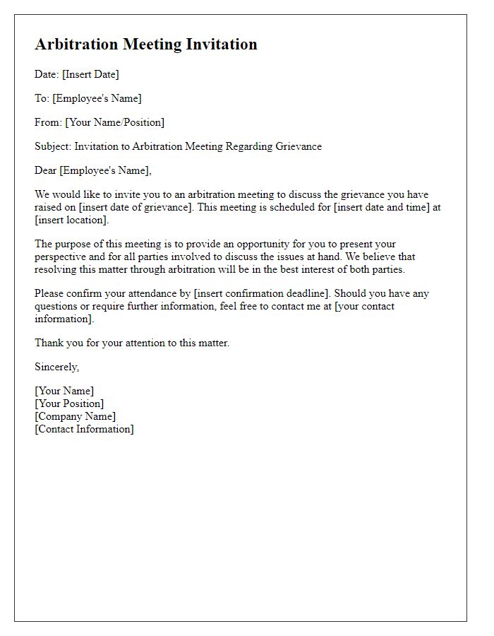 Letter template of arbitration meeting invitation for employee grievance issues.