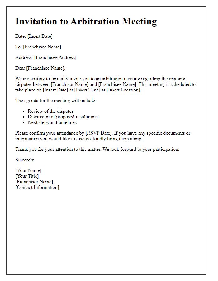 Letter template of arbitration meeting invitation for franchise disputes.