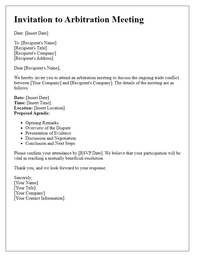 Letter template of arbitration meeting invitation for international trade conflicts.