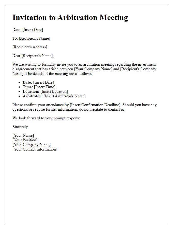 Letter template of arbitration meeting invitation for investment disagreement.