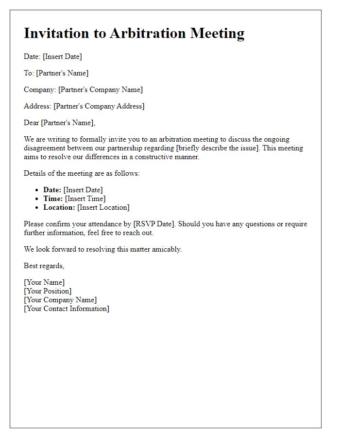 Letter template of arbitration meeting invitation for partnership disagreement.