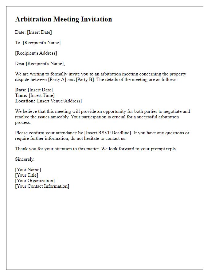 Letter template of arbitration meeting invitation for property dispute negotiation.