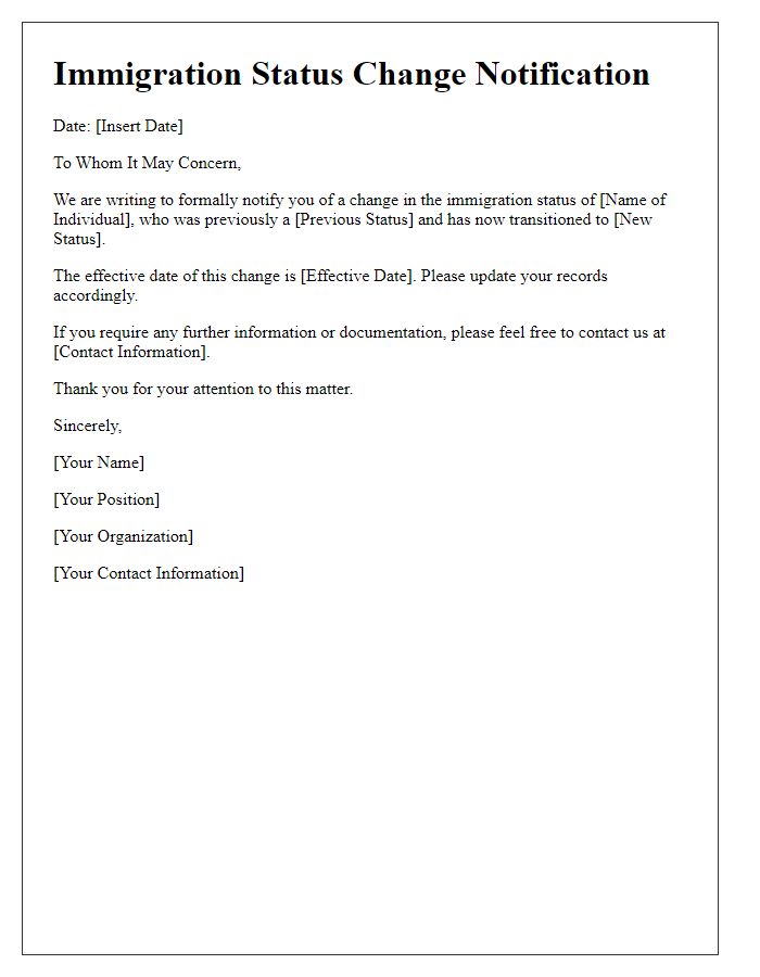 Letter template of immigration status change notification