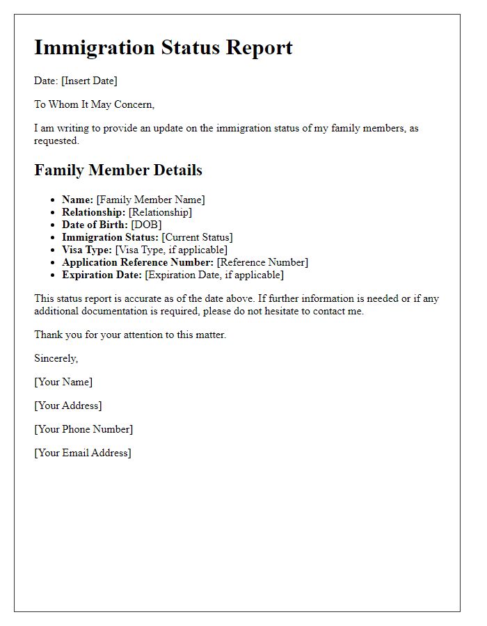 Letter template of immigration status report for family members