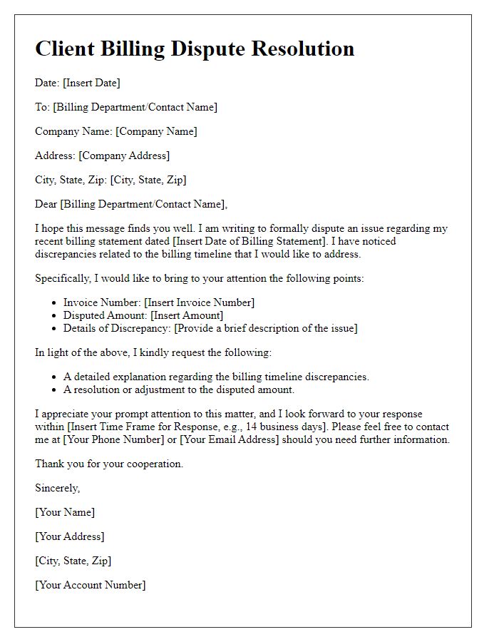 Letter template of client billing dispute resolution for billing timeline issues