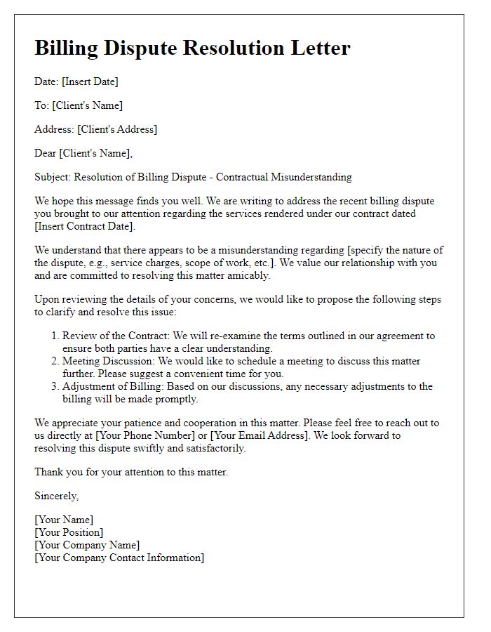 Letter template of client billing dispute resolution for contractual misunderstandings