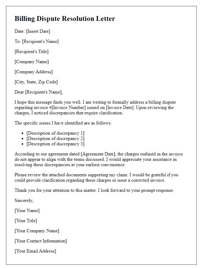 Letter template of client billing dispute resolution for incorrect invoices