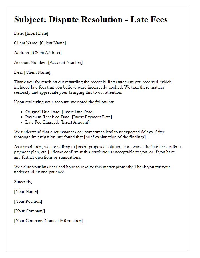 Letter template of client billing dispute resolution for late fees