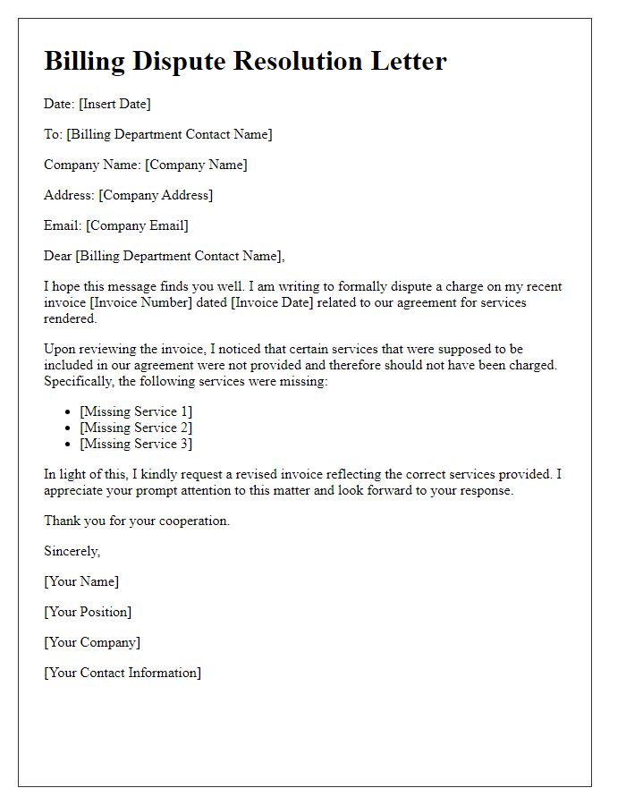 Letter template of client billing dispute resolution for missing services