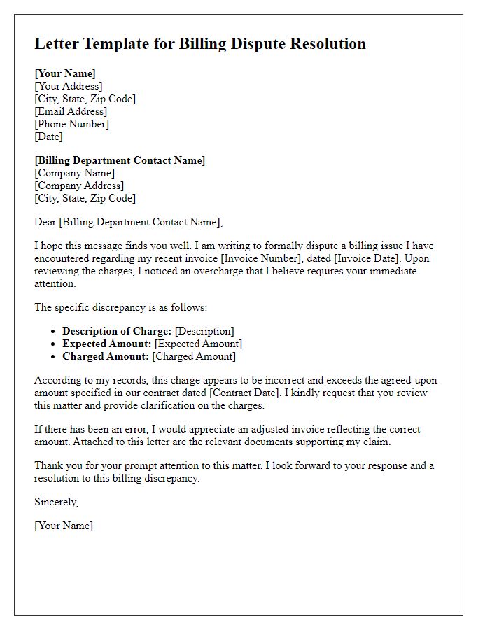 Letter template of client billing dispute resolution for overcharges
