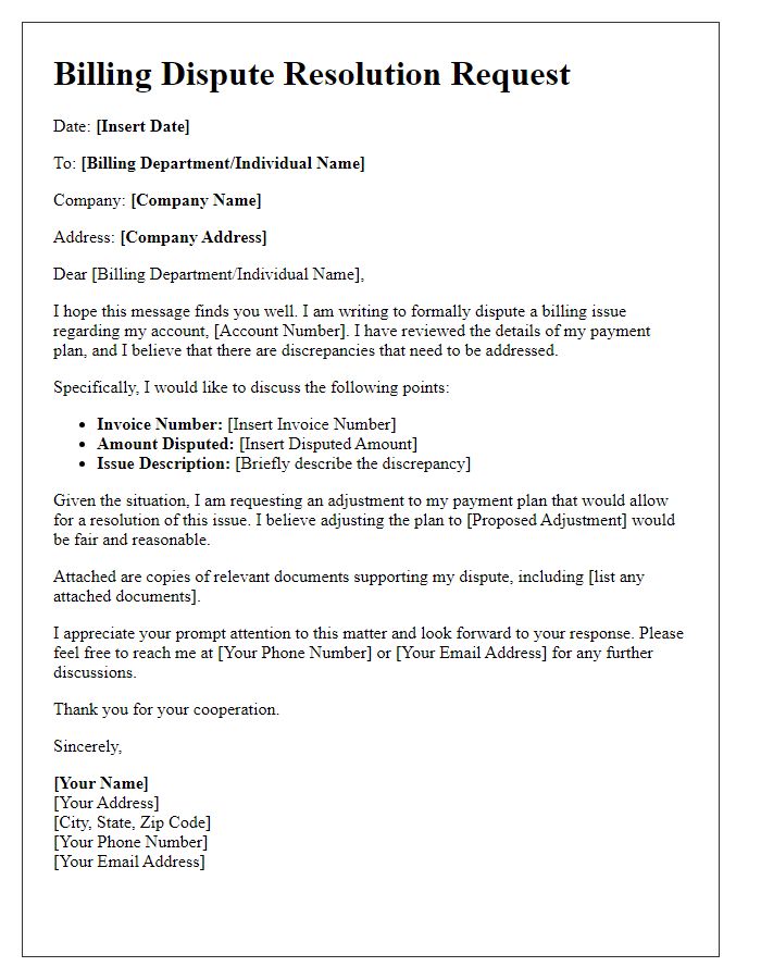 Letter template of client billing dispute resolution for payment plan adjustments