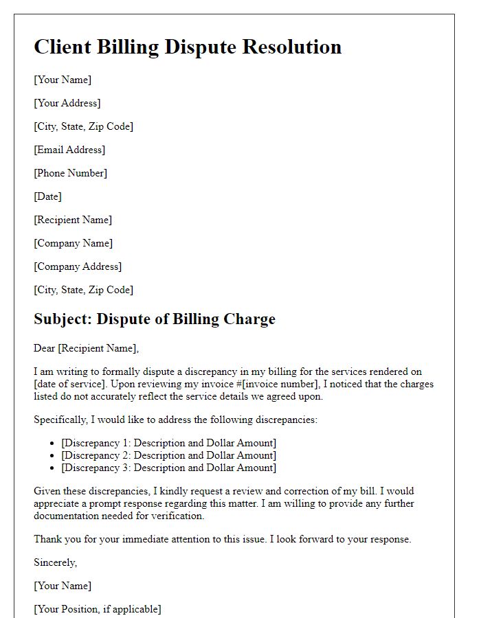 Letter template of client billing dispute resolution for service discrepancies