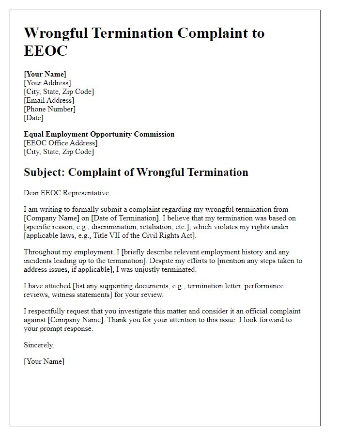 Letter template of wrongful termination for EEOC complaint submission.