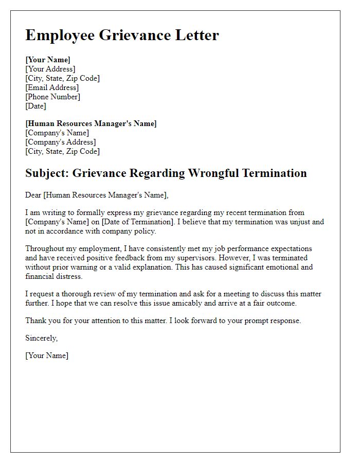 Letter template of wrongful termination for employee grievance.