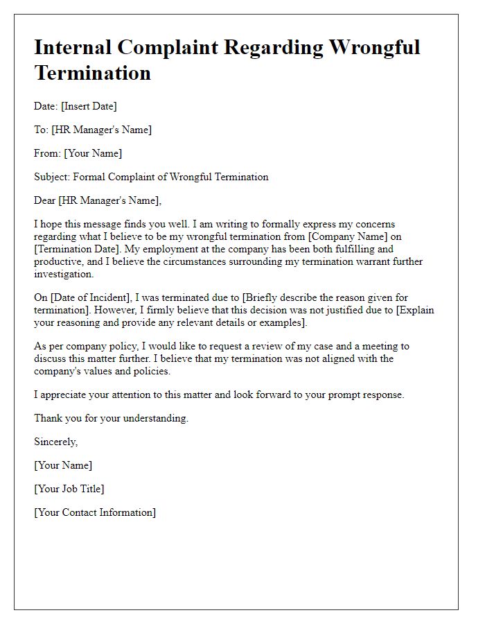 Letter template of wrongful termination for internal company complaint.