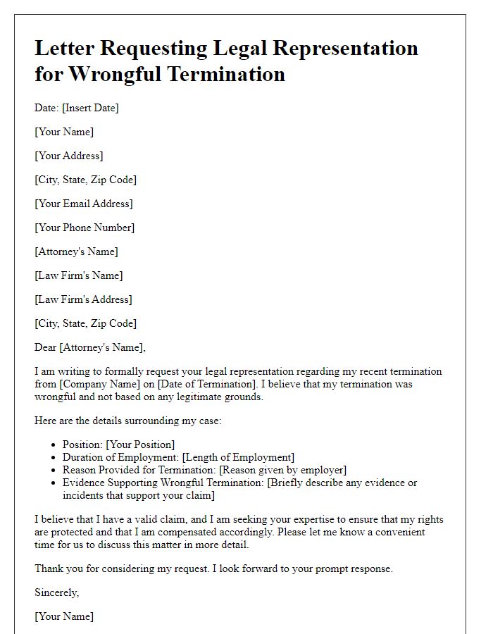 Letter template of wrongful termination for legal representation request.