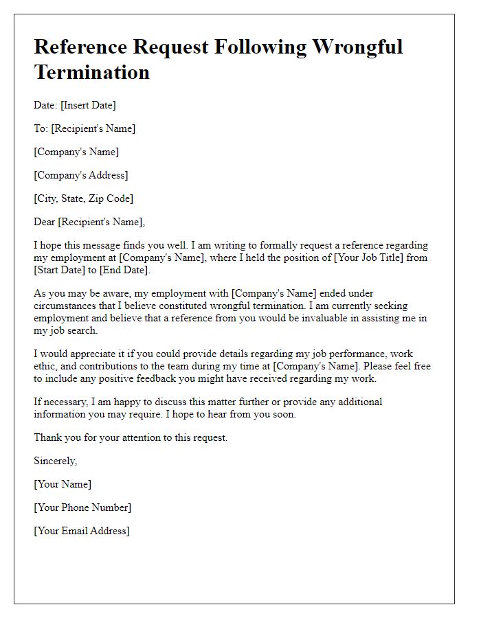 Letter template of wrongful termination for reference request post-termination.