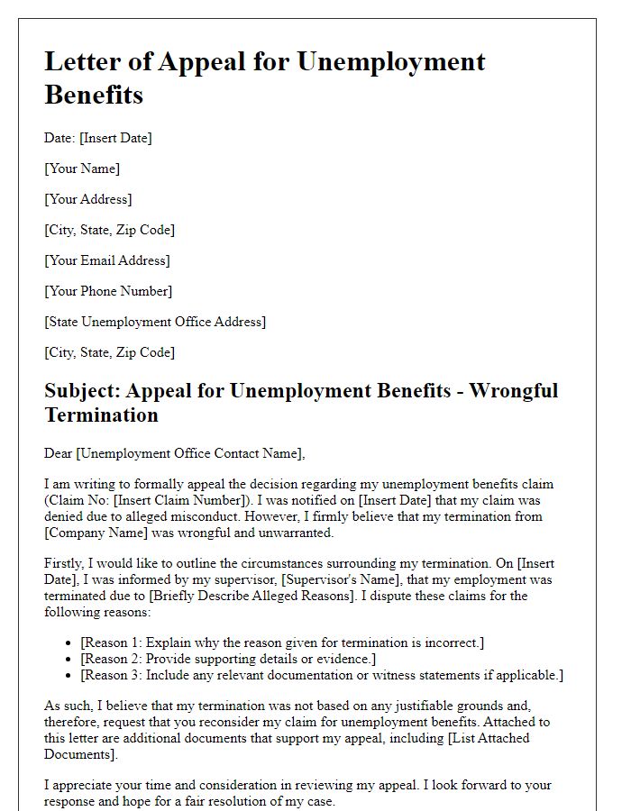 Letter template of wrongful termination for unemployment benefits appeal.