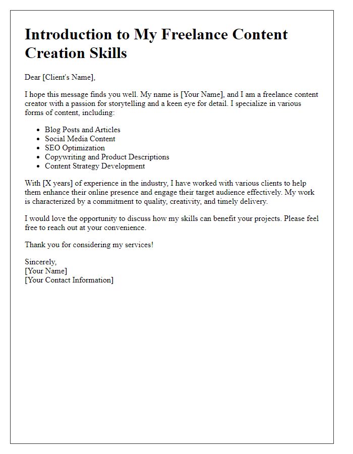 Letter template of freelance content creation skillset introduction