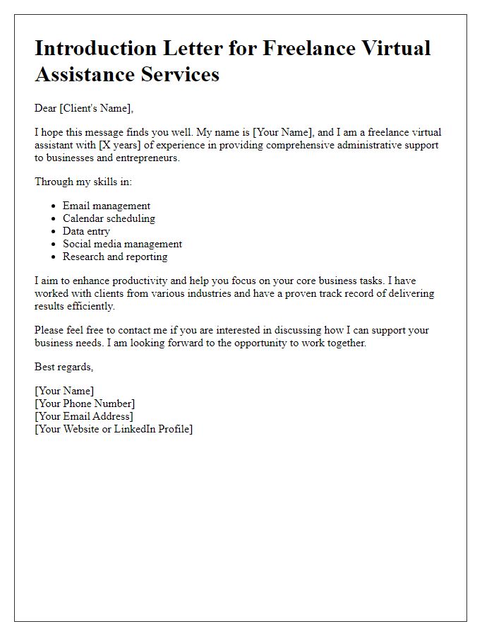 Letter template of freelance virtual assistance skillset introduction