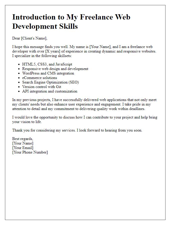 Letter template of freelance web development skillset introduction